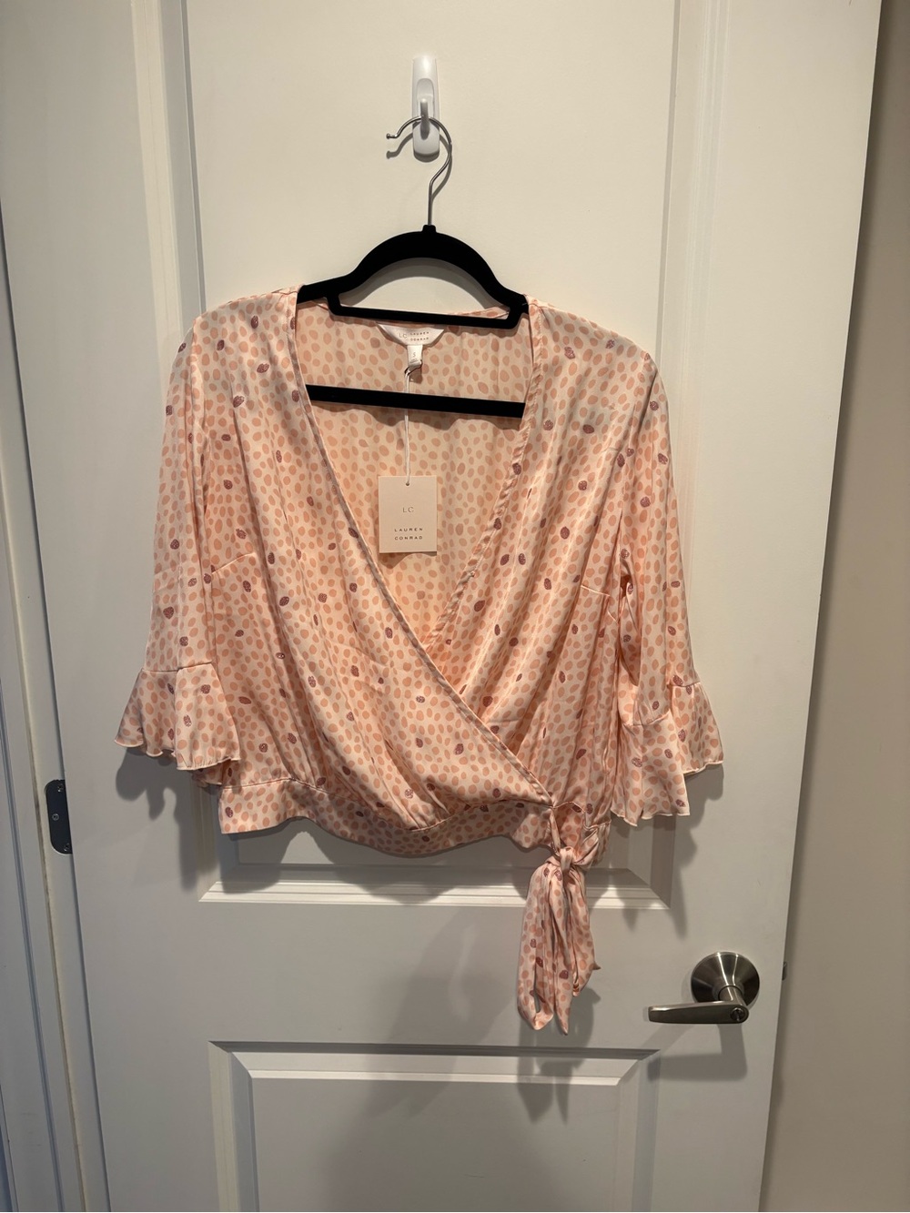 LC Lauren Conrad Pink Polka Dot Wrap Top